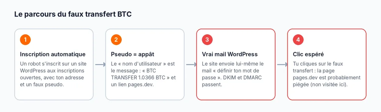 Schéma de l'arnaque au faux transfert BTC envoyé par un site WordPress