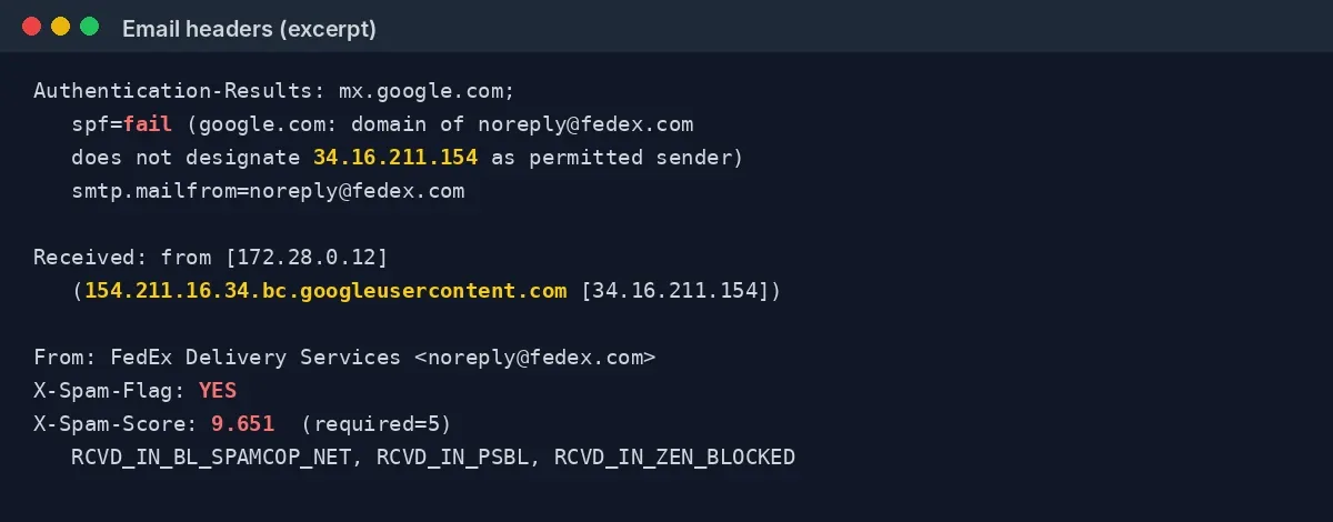 Headers of the fraudulent FedEx email