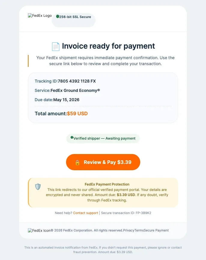 Email FedEx Invoice ready for payment arnaque