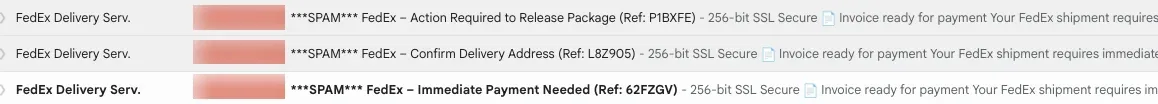 Trois emails FedEx frauduleux reçus dans les spams