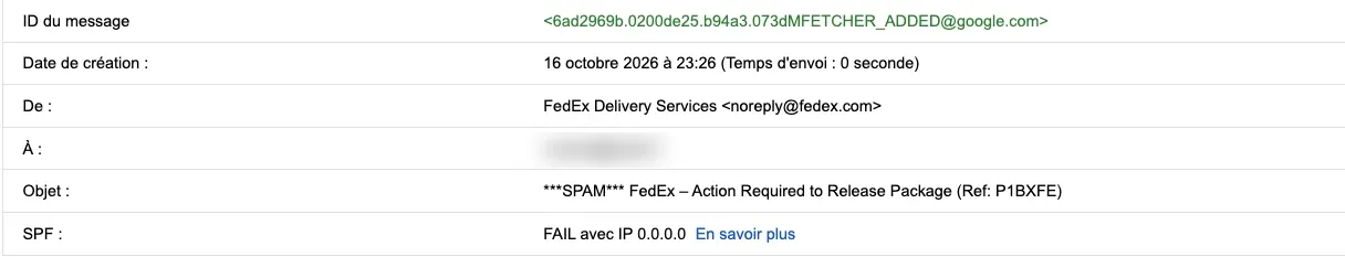 Résultat SPF FAIL de l'email FedEx dans Gmail