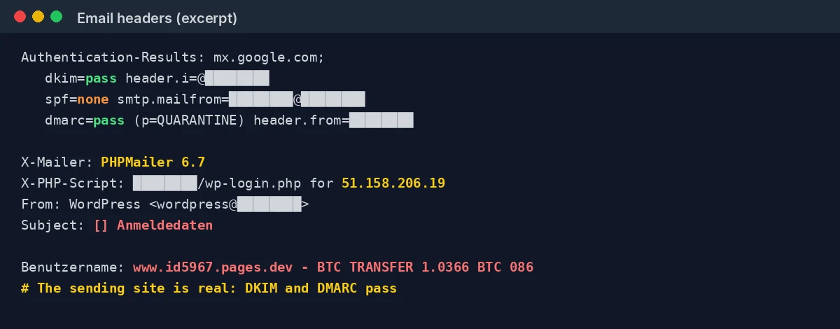 Headers of the WordPress email: DKIM and DMARC pass