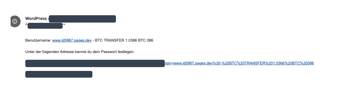 Email WordPress en allemand annonçant un BTC TRANSFER dans le nom d'utilisateur