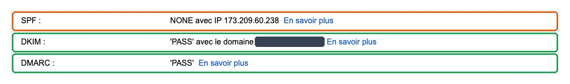 Résultats SPF, DKIM et DMARC de l'email WordPress dans Gmail