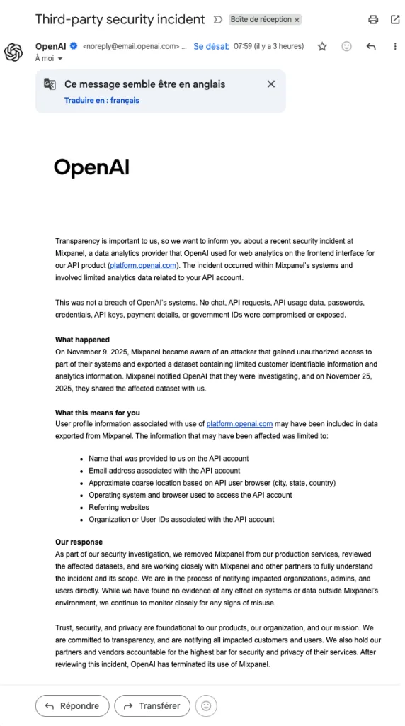 Email de notification fuite de données Mixpanel OpenAI