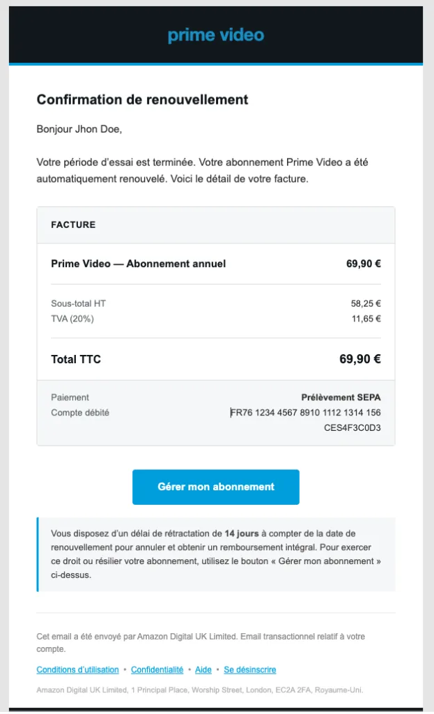 Email recapitualtif commande Amazon renouvellement abonnement